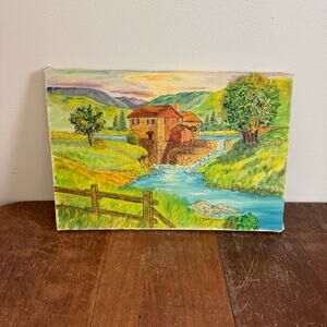Vintage DeMarko Signed Oil Painting Landscape Water Mill River Mountains 20x13.5